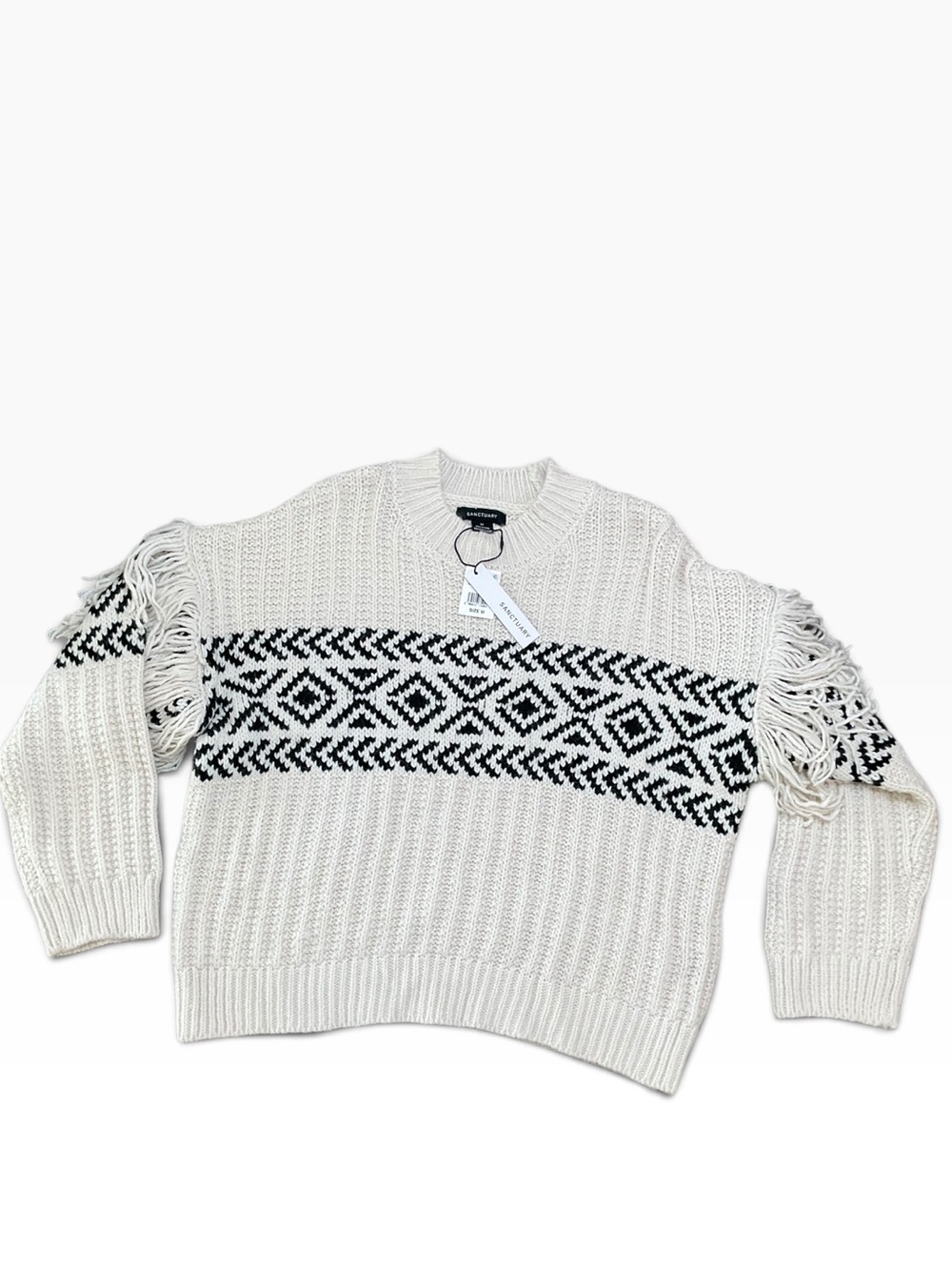 Sanctuary Artisan Crewneck Sweater Cream with Black Geometric Fringe NWT